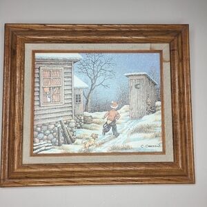Vtg C Carson Signed Oil Painting Lithograph Sterigraph Winter Scene Boy Outhouse